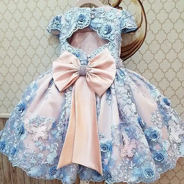 Beauty-Lace-Bow-Short-Sleeve-Little-Girls-Children-Birthday-Party-Dresses-Formal-Prom-Gowns-Toddle-Girls