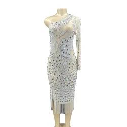 Sparkly Silver One Shoulder Big Rhinestone Chain Transparent Dress Evening  Celebrate Costume Women Show One Shoulder Dress
