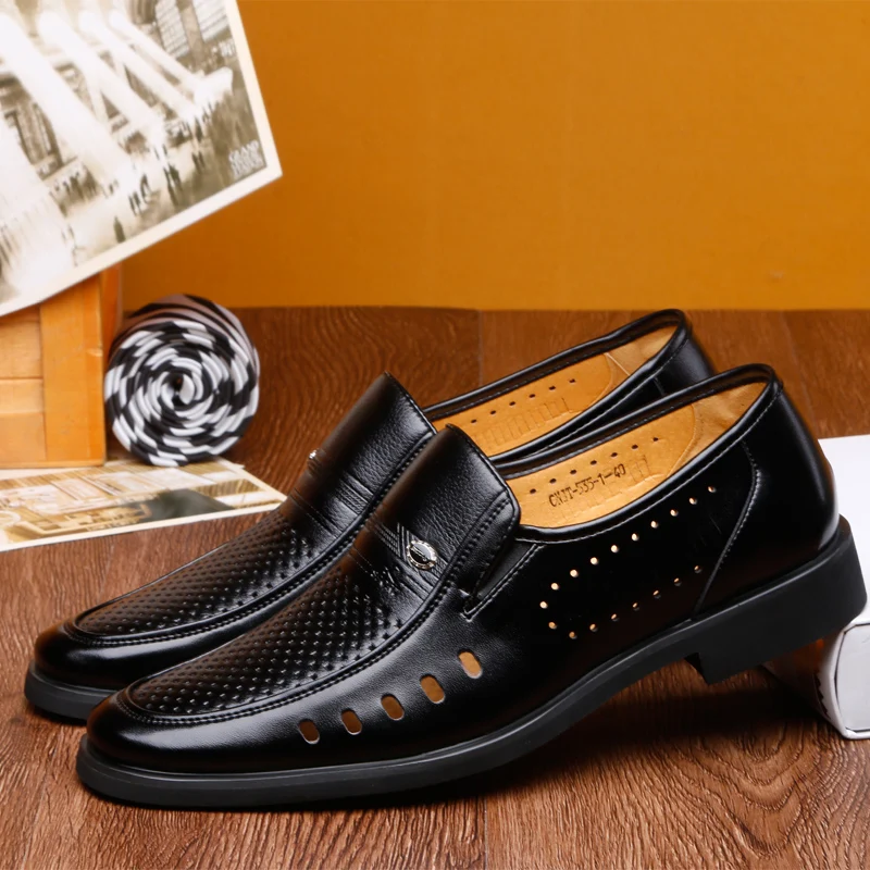2020 New Summer Men Casual Leather Shoes Business Male Hollowed Out Shoes Solid Men Shoes Slip-on Round Toe Breathable