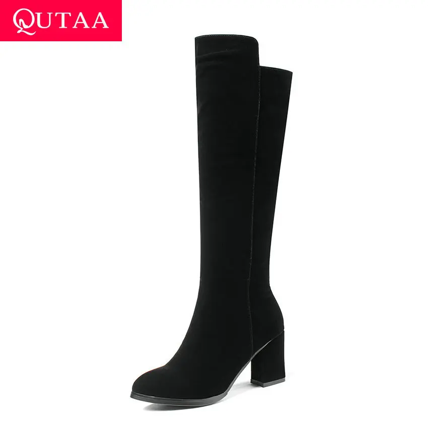 

QUTAA 2020 Flock Pointed Toe Concise Elegant Knee High Boots Fashion Square High Heel Zipper Autumn Winter Women Shoes Size34-39