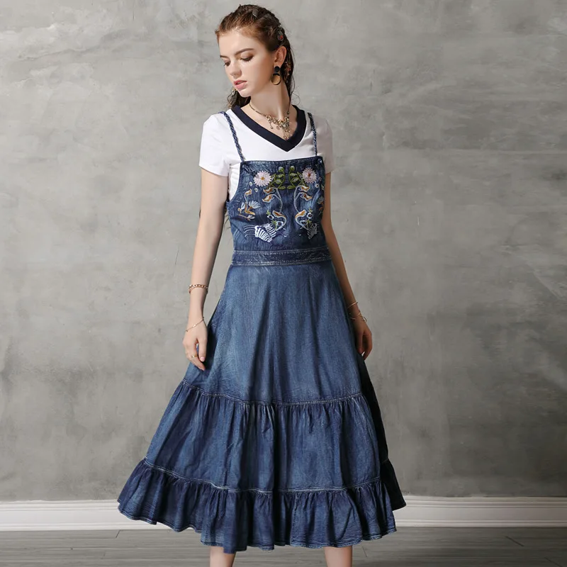 Vintage Spaghetti Strap Denim Dresses Floral Embroidery Women's Outwear A-line Ruffled Dress Vestidos Femininos | Женская одежда