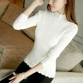

Korean Fashion Women Sweaters Ruffled Sleeve Sexy Turtleneck Pullovers Sueter Mujer Solid Slim Elastic Women Tops