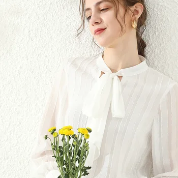

French Romantic Tenderness Ribbon Chiffon Shirt 2020 Autumn New Style Solid Color Cut Flower Fabric Shirt-820316