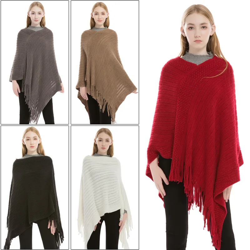 

European and American large size sweater, autumn and winter new monochrome imitation cashmere tassel pullover cape