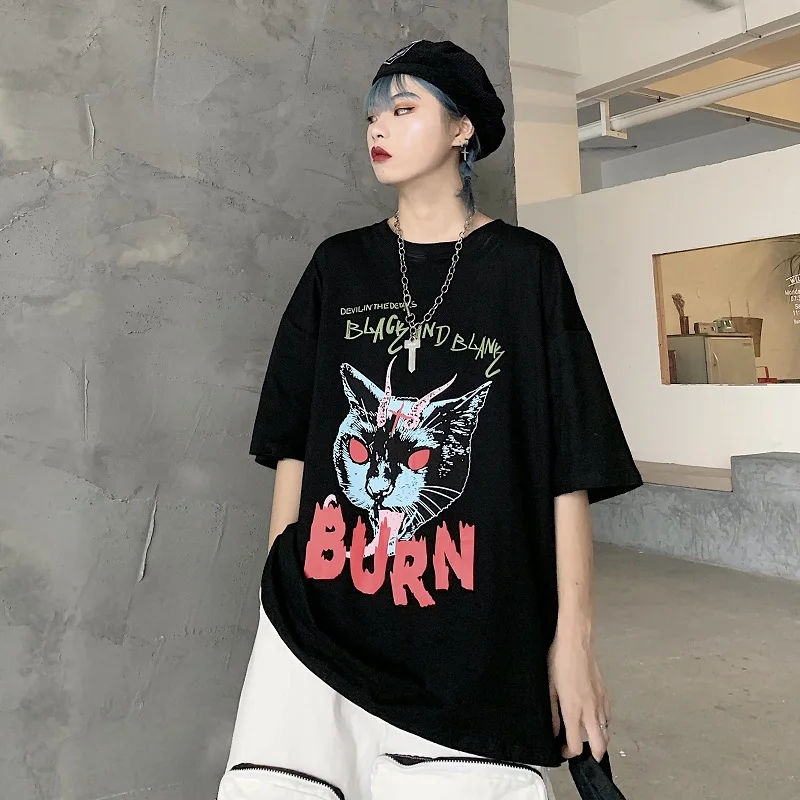 Lychee Harajuku, черные женские футболки с коротким рукавом, Темный кот, с буквенным принтом, летние женские футболки, женская футболка с вырезом лодочкой