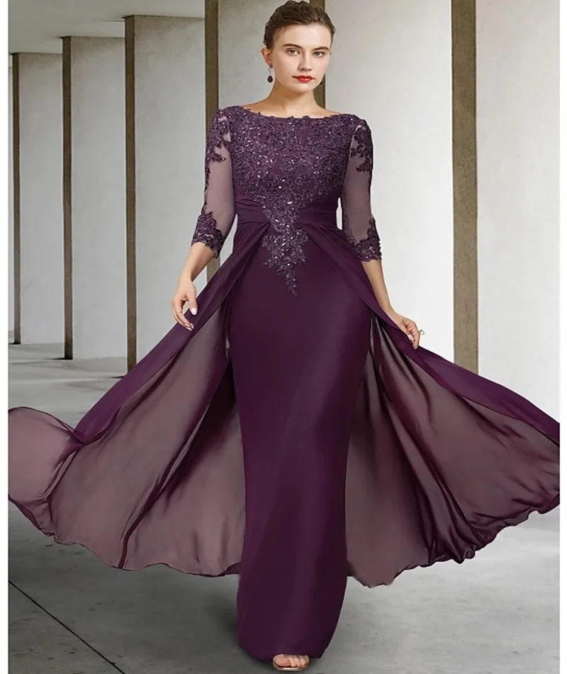 

2023 Vintage Purple Mother of Bride Dress Jewel Sequin Appliques Sleeves Godmother Wedding Party Gownsдля матери невесты