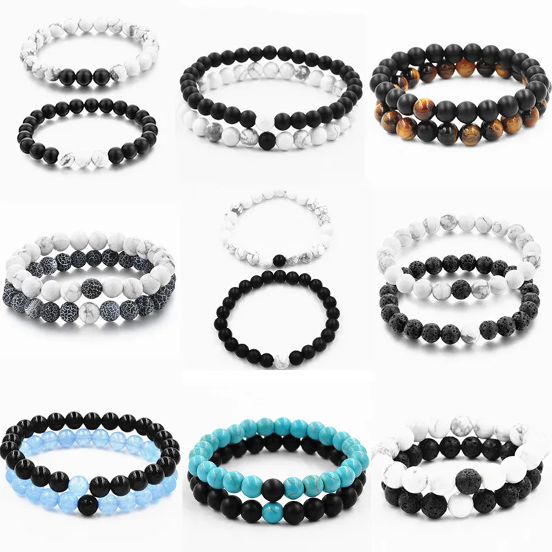 

2Pcs/Set Couples Distance Bracelet Classic Natural Stone White and Black Yin Yang Beaded Bracelets for Men Women Best Friend Hot