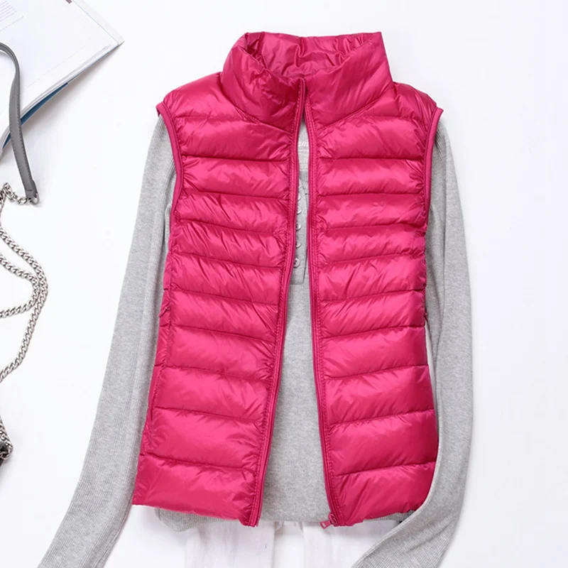 Зимний мужской и женский модный легкий стеганый пуховой пуховик с капюшоном, наполненный шелковой нитью, блузки для осени и зимы - Цвет: vest-rose red