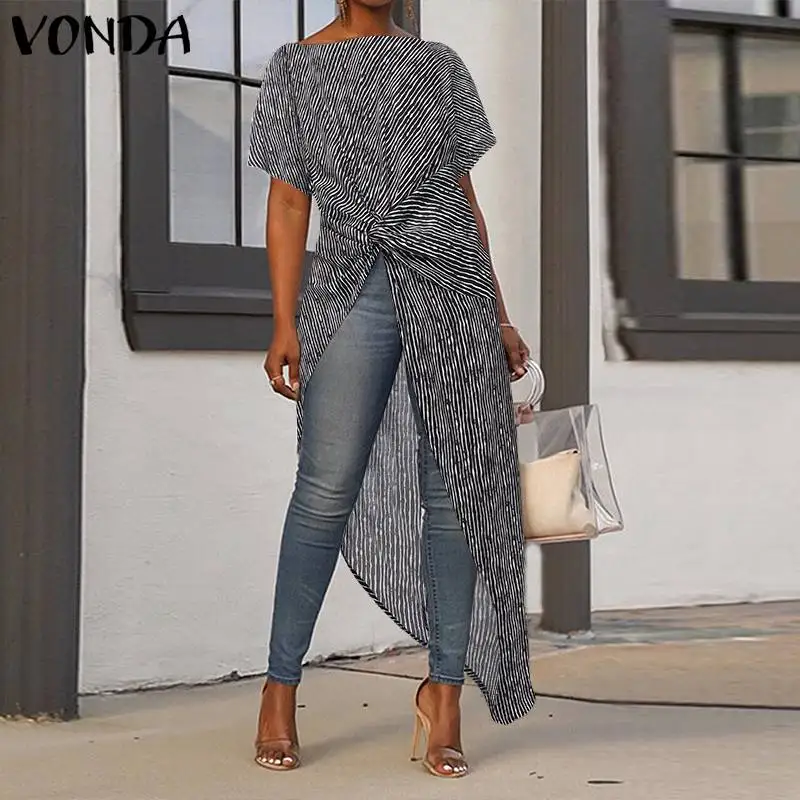  VONDA Asymmetrical Tops Women's Blouse Split Striped Shirts 2019 Summer Tops Bohemian Blusas Long P