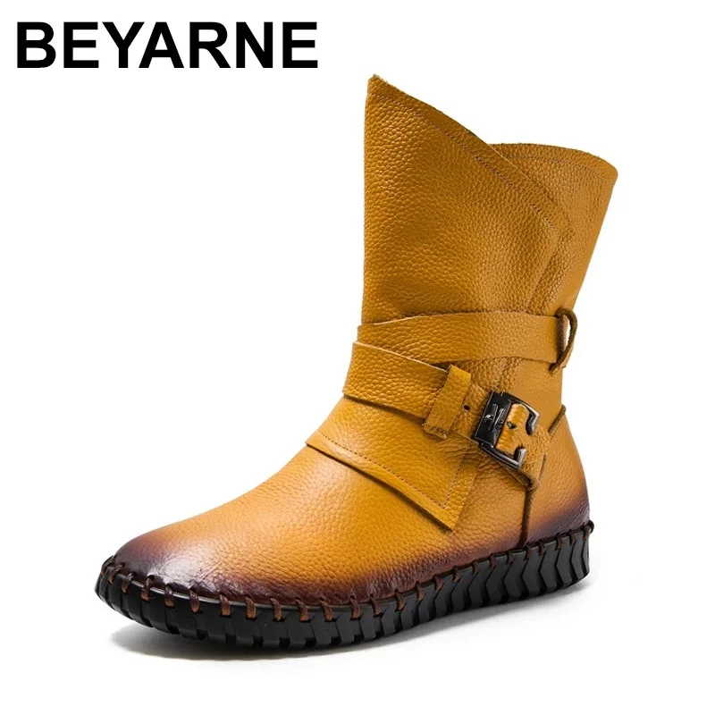

BEYARNE Female Warm Genuine Leather Boots 2021 Autumn Winter Thick Sole Large Size Shoes Short Ankle Boots for Women Motorcycle