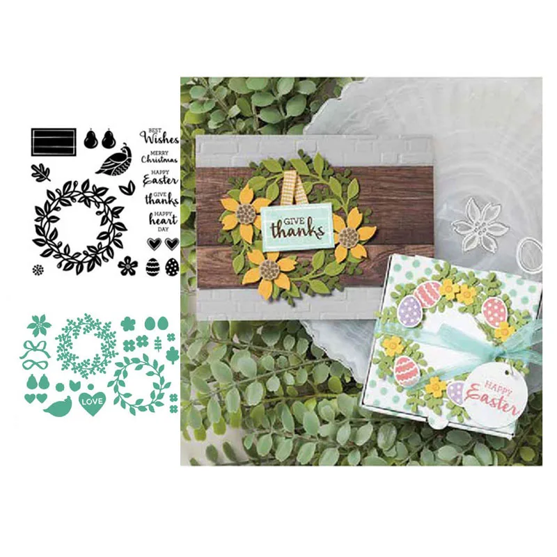

Phrase Wreath Clear Stamps and Metal Cutting Dies and for DIY Scrapbooking Dies Cut Paper Crafts Making Album Photo Decorative