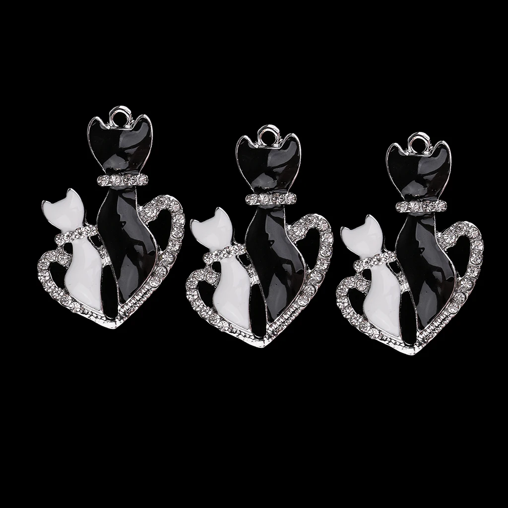 3pcs Rhinestone Enamel Charms for Jewelry Making silver color Tone Metal Love Heart Cat Pendant DIY Necklace Bracelet Accessories