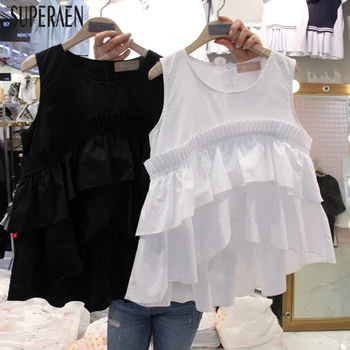 

SuperAen Korean Style Sleeveless Shirts Women Sweet Summer New 2020 Ruffled Ladies Blouses and Tops High Waist Irregular Tops