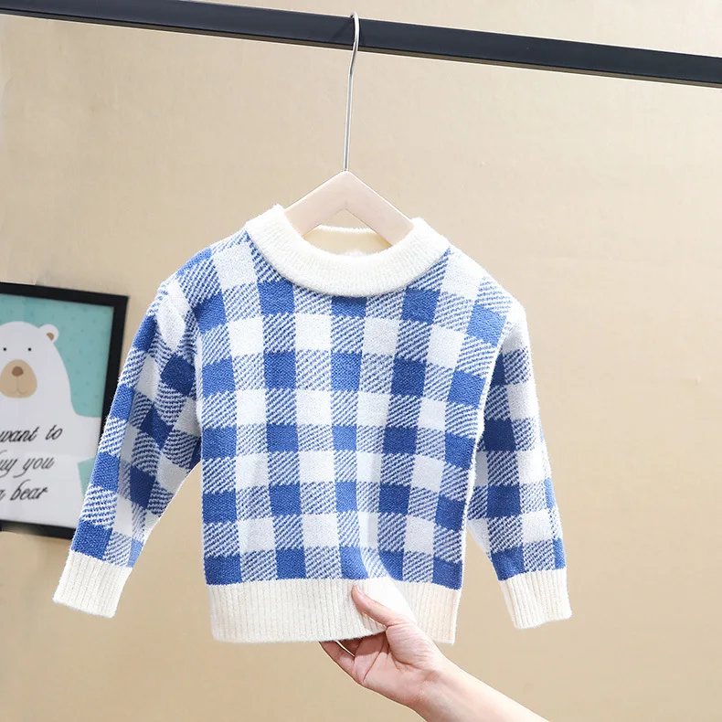 Light blue Коллекция года, осенние детские свитера детский Рождественский свитер в клетку шерстяной бархатный свитер с кристаллами в Корейском стиле для девочек и мальчиков, CA128 - Цвет: Light blue