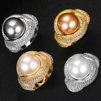 

missvikki Hot DUBAI Noble Luxury Stackable Wedding Big Pearl Rings for Women Bridal Engagement Jewelry Cubic Zirconia CZ Rings