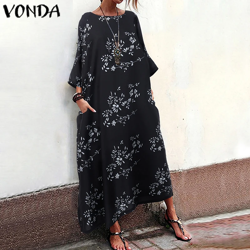 VONDA/женское осеннее платье с длинным рукавом и цветочным принтом, макси платье, летнее пляжное платье, повседневные свободные вечерние платья, большие размеры