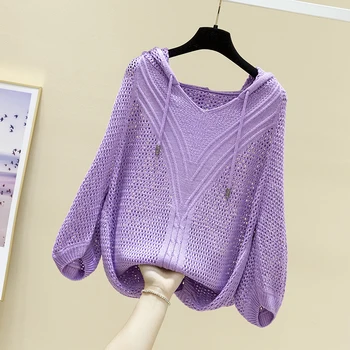 

Hooded cut out knitted Batman top thin women's spring and summer new 2020 Korean loose sweater Pullover
