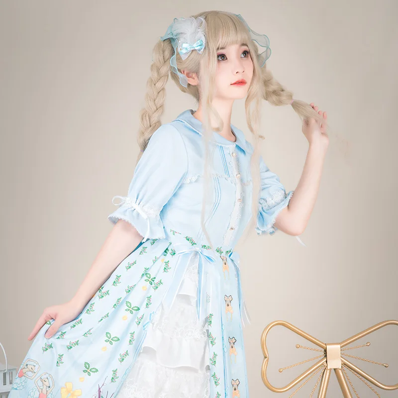 

Sweet Lolita Dress Kawaii Style Girls Cosplay Costume OP Elk Print Princess Victorian Clothes Maid Cute Lolita Lace Dress