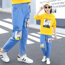 Осенние новые стильные джинсы с принтом для девочек обтягивающие штаны 170 брюки в Корейском стиле для больших мальчиков; большие размеры