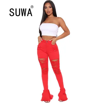 

Vintage Women Hollow Out Denim Pants Retro Solid Ruffles Tassel Hem Wide Leg Hole Jeans Ripped Flare Trousers Jeans Thick Jogger