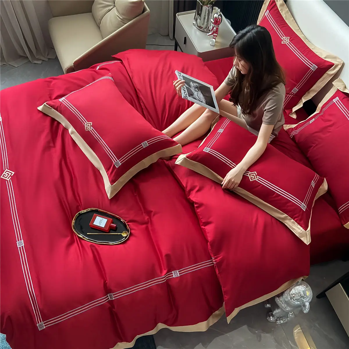 OLOEY Bedding set Egyptian cotton 100S Phnom Penh duvet cover flat sheet pillowcases Soft bed sets Embroidery