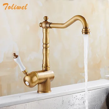 

Retro Style Antique Brass Kitchen Faucet Cold and Hot Water Mixer Single Handle 360 Degree Rotation New Arrival Tap