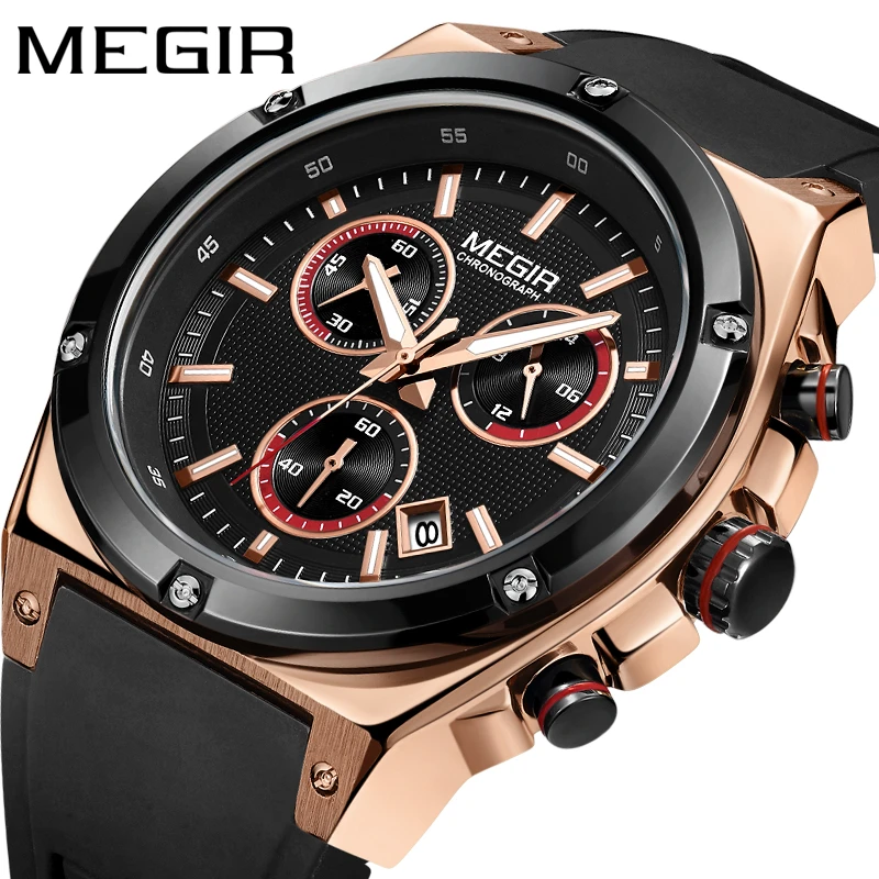 Megir Sports Silicone Chronograph Quartz Watches Army Casual Waterproof 24-hour Analogue Wristwatch for Man Black Rose quartz pocket watch