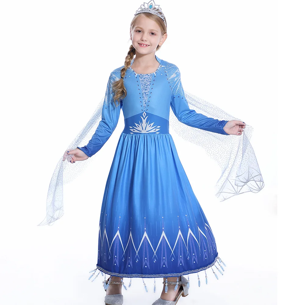 Newest Princess Dress for Girls Snow Queen Elsa Cosplay Christmas Dress Disfraz Elsa 2 Party Long Sleeve Long Vestidos 12Ys - Color: D2140-Blue