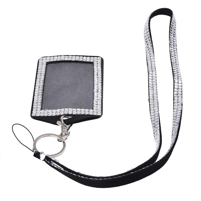 

ABZC-Horizontal Resin Rhinestone Work Card ID Case Holder Lanyard Sling (Silver)