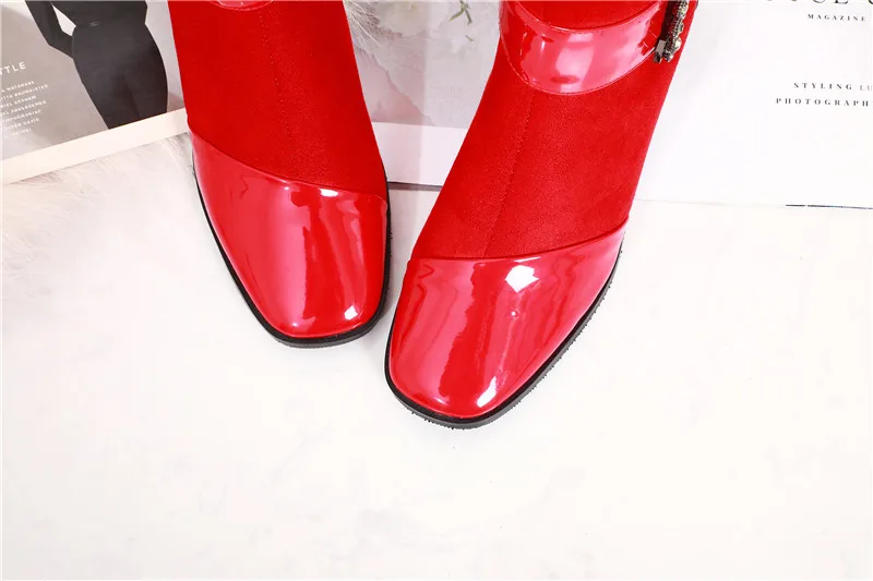 FEDONAS/женские туфли на необычном каблуке с пряжкой, украшенные стразами; большие размеры; туфли для танцев для вечеринки; женские зимние теплые флоковые ботинки «Челси» до середины икры