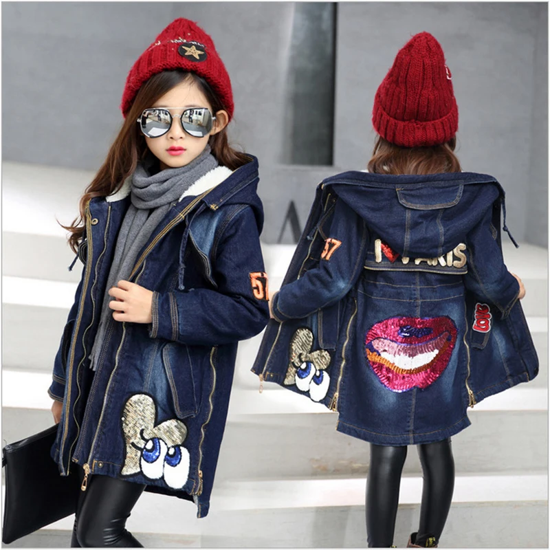 

Girls Denim Jacket for Autumn Winter New Children Long Clothes Girl Kids Thick Warm Outerwear Coats Denim Cotton Hooded Jacket