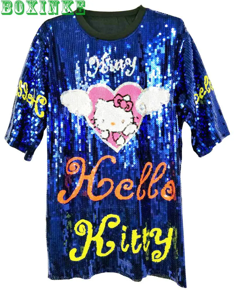 Tumblr Kpop полиэфирная тканая Новинка для hello kitty для кошки с вышивкой пайетками свободная футболка средней длины с бисером для женщин