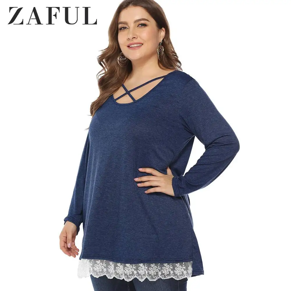 ZAFUL плюс Размеры крест-накрест с длинным рукавом туника-безрукавка вышивка украшение футболки Повседневное твердые топы на осень для Для женщин