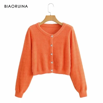

BIAORUINA Women's Fluffy Single Breasted V-neck Knitted Sweater Rhinestone Decoration Female Keep Warm Sweet Cardigan One Size