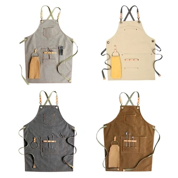 

Chef Apron Cotton Canvas Cross Back Adjustable Apron with Pockets for Women and 27RF