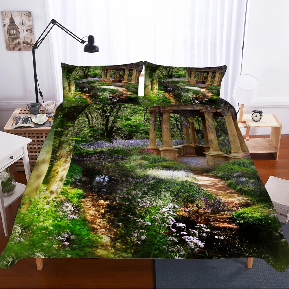 

2/3pcs Dreamy Forest Bedding Set Waterfall Lake Duvet Cover Set Trees Plants Green Bed Linen Set Natural View Family Bedding