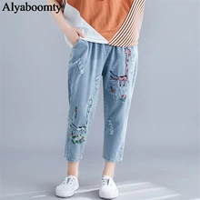 Корейский стиль весна лето женские джинсовые Капри с эластичным поясом рваные синие джинсы элегантные штаны-шаровары с вышивкой животных