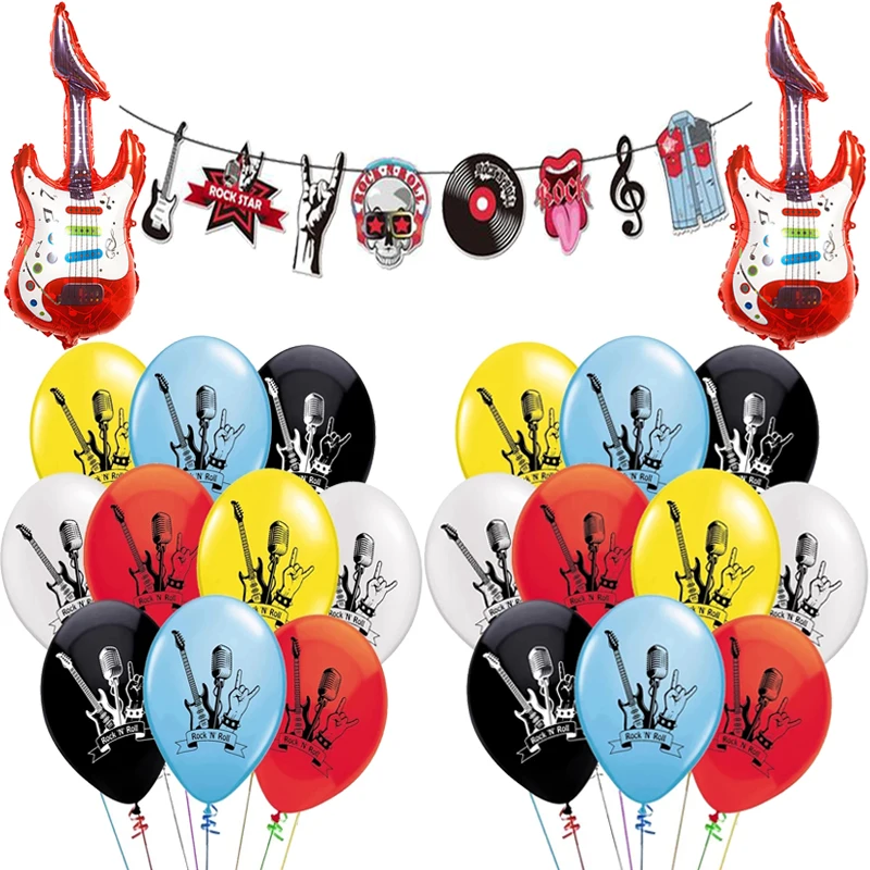  Rock And Roll Party Decorations，Rock And Roll Decor，Rock N Roll  Birthday Party Supplies，Include Rock N Roll Banner Guitar Foil Balloon Rock  Star Ballon Cake Topper : Toys & Games