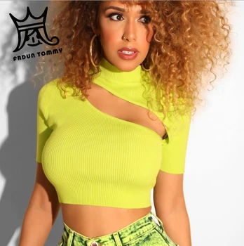 

Frdun Tommy sexy knitwear shirt women short sleeve Europe the United States cross-border solid half-high collar hollow stitching