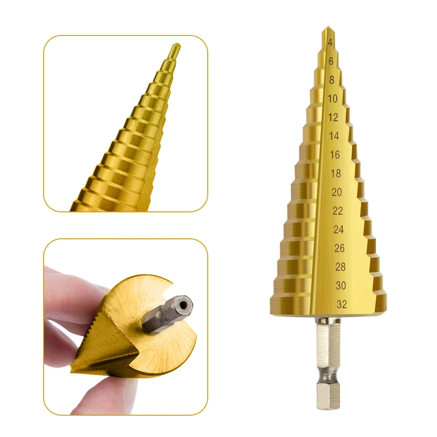 HSS Step Drill Bit metal Step Cone Titanium Coated Metal Hex Taper Drill Bit Cut Tool Set 4-12mm 4-20mm 4-32mm