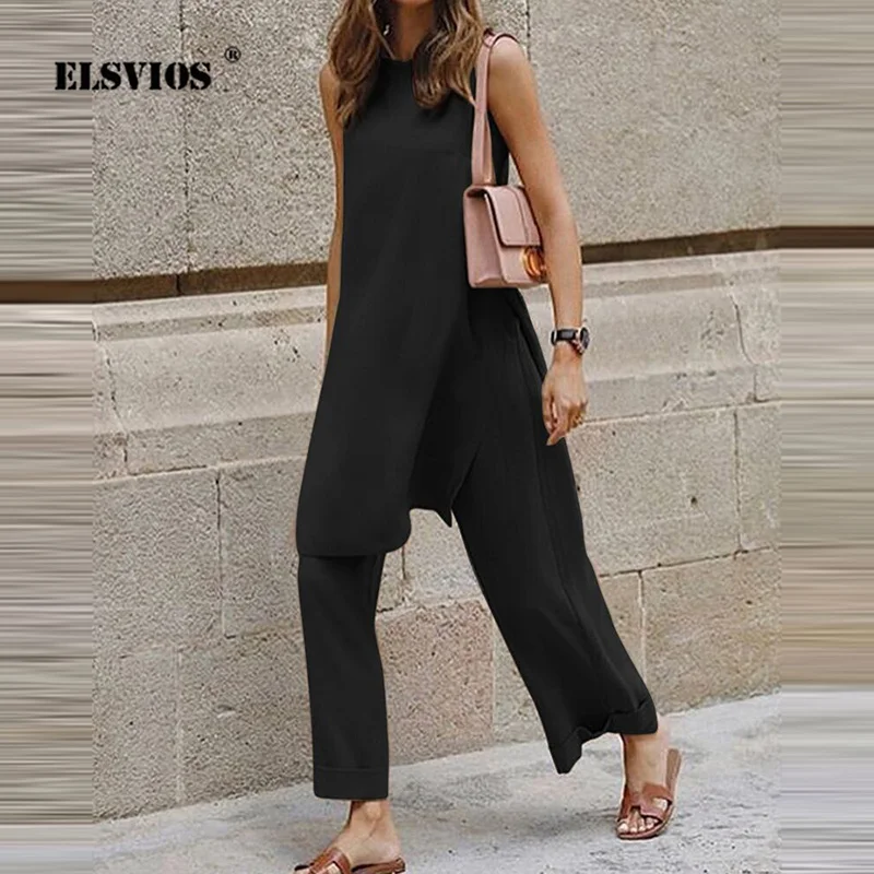 Summer Two Piece Sets Women Casual Loose Sleeveless Split Top High