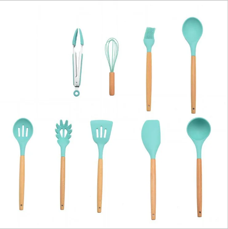 green 9PCS Набор инструментов для приготовления пищи, набор силиконовой утвари премиум класса, токарные щипцы, лопатка, ложка для супа, лопатка с антипригарным покрытием, масляная щетка, кухонный инструмент - Цвет: green 9PCS
