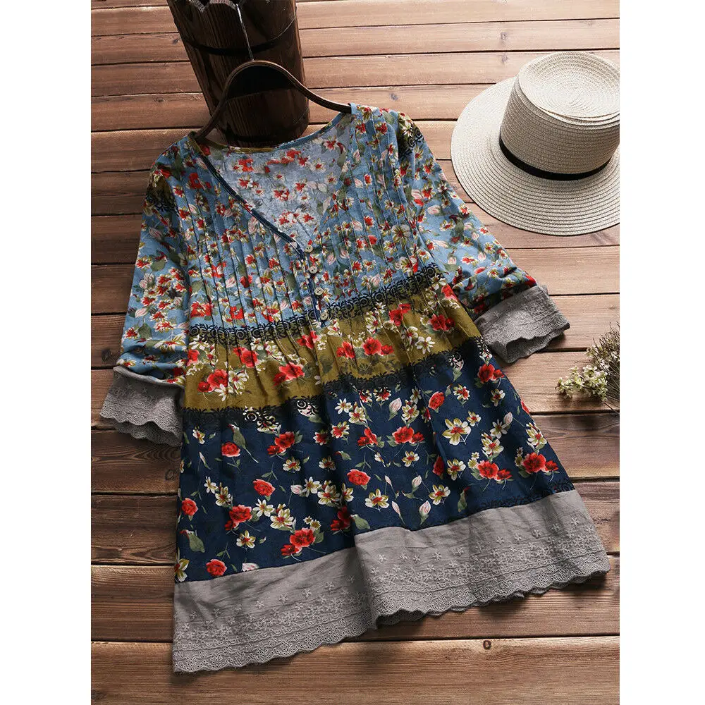 Boho Женская Винтажная футболка с длинным рукавом с v-образным вырезом на пуговицах с цветочным принтом в стиле печворк модная повседневная свободная футболка Топы рубашка