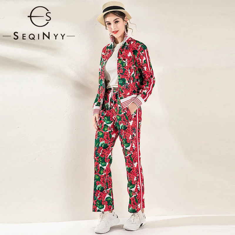 

SEQINYY Women Pants Set 2020 Spring Autumn New Fashion Design Long Sleeve Jacket Elastic Waist Pants Red Hydrangea Print Suit