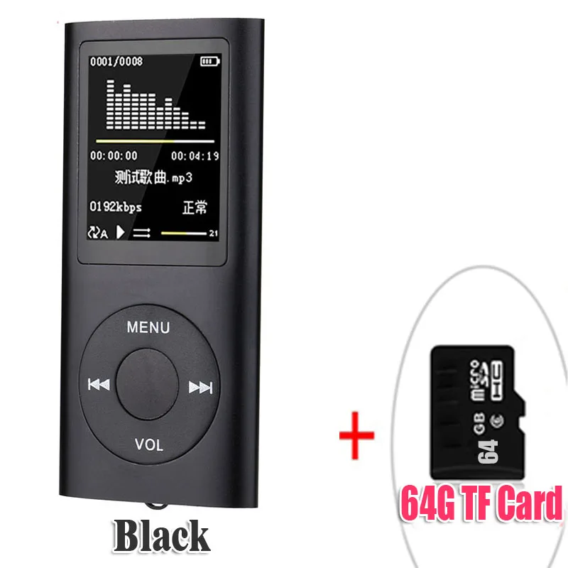 balckWith64GBTFCard 1,8 дюймов MP3-плеер 64 Гб воспроизведение музыки с fm-радио видео плеер проигрыватель электронных книг mp3 со встроенной памятью - Цвет: balckWith64GBTFCard