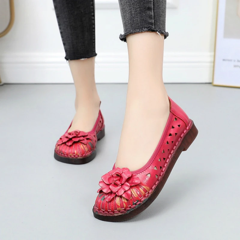 

Female Retro Genuine Leather Hollow Ethnic Flower Platform Flats Ladies Casual Breathable Women Sandals Sandalias De Mujer