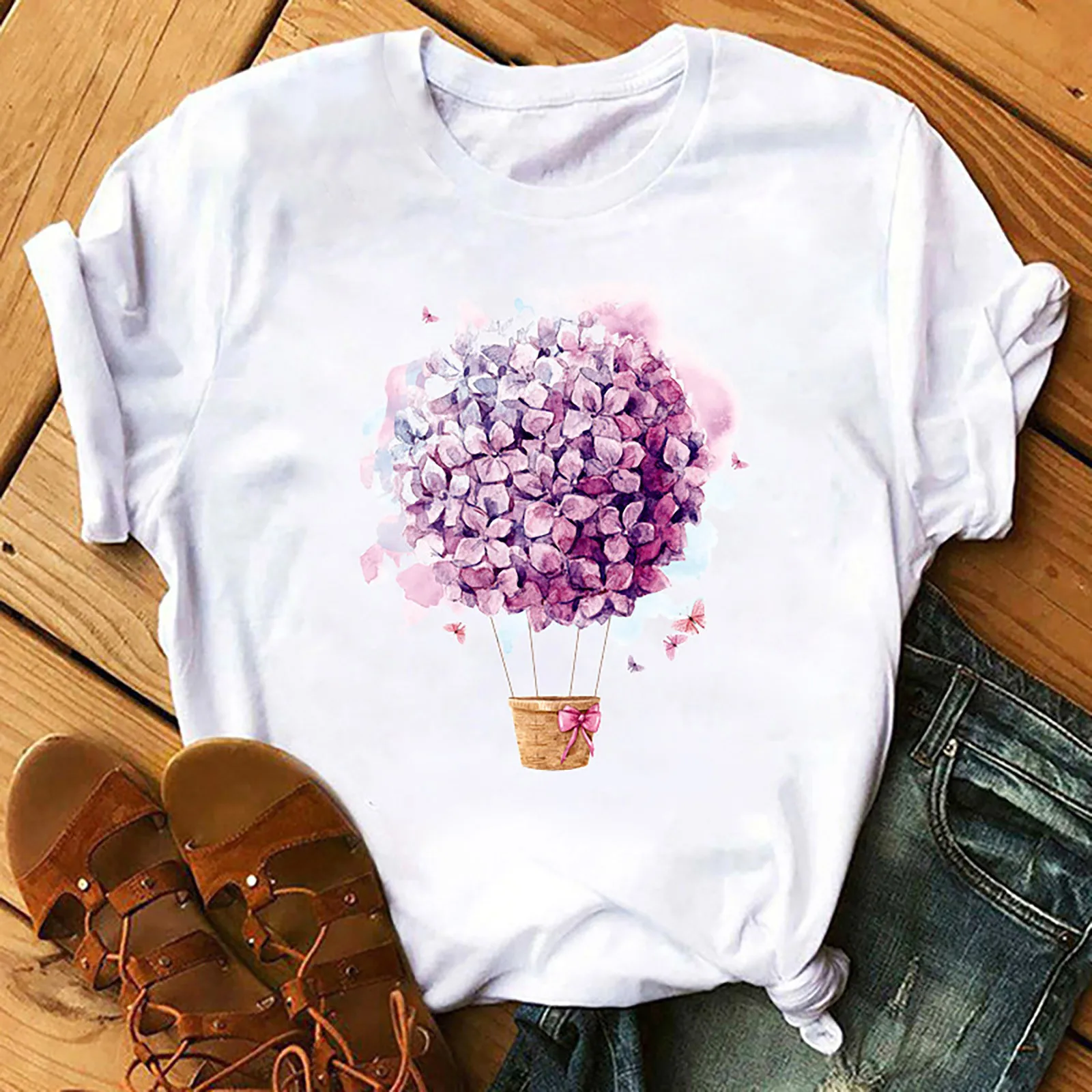 Blusas romántico con estampado Floral para mujer, blusas de manga corta, camisetas de cuello redondo, ropa estampada Harajuku, 25 #, envío directo
