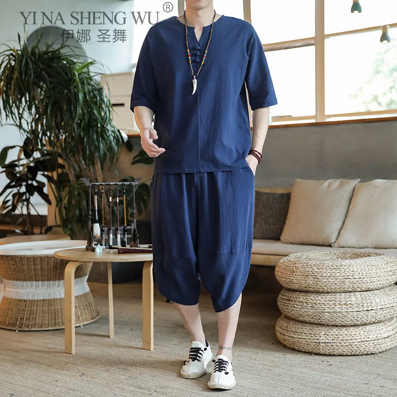 Japanese Style Suits Kimono Short-Sleeved Harajuku T-shirt Pants Men Tops Trousers Male Japan Harajuku Yukata Costumes 2pcs Set