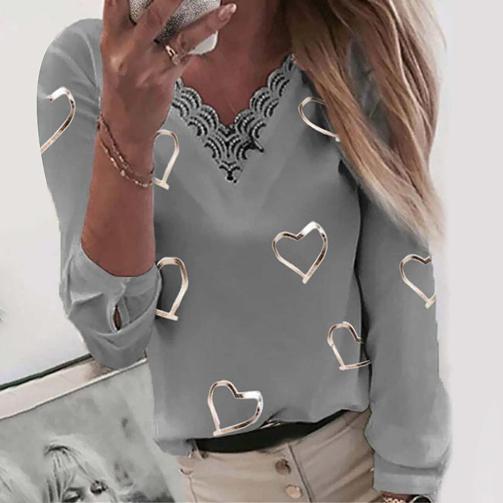 #40 elegante encaje blusas de mujeres, estampado de corazones con cuello en V de encaje Patchwork manga larga Camiseta Top blusa de gran tamaño de talla grande Ropa de Mujer