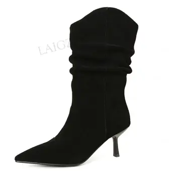 

LAIGZEM Celebrity Women Mid Calf Boot Real Suede 6.5CM Boots Kitten Heels Western Boots Ladies Shoes Woman Size 33 38 40